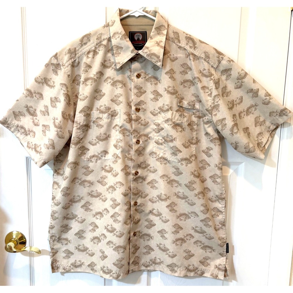 Weatherproof Garment Co Mens Fishing Size‎ L Beige Fish Print Button-Up Outdoor